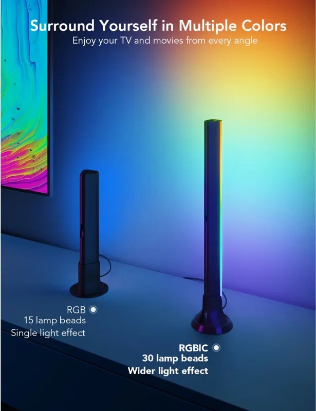 Комплект 2 Smart LED лампи за телевизор Govee H6046 RGBIC, 24W, Адресируеми цветни сегменти, Wi-Fi, Bluetooth, Govee Home, Черен