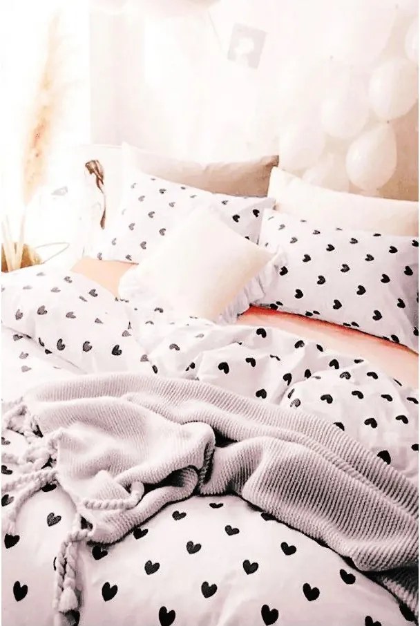 Бяло единично удължено спално бельо от памук Renforcé с включен долен чаршаф 3 части 160x220 cm Mini Hearts – Mila Home