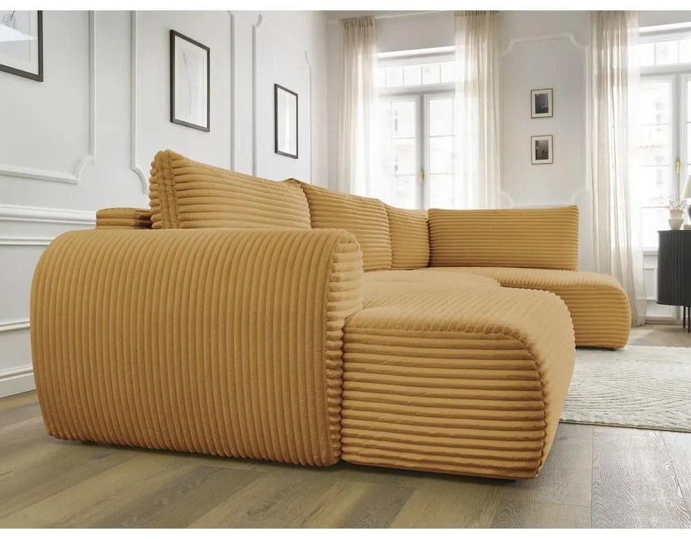 Сгъваем/с място за съхранение ъглов диван от рипсено кадифе в цвят горчица (десен ъгъл/U форма) Lucien – Bobochic Paris