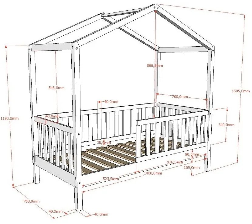 Къща детско легло 70x140 cm от масивен бор с включена подматрачна рамка в естествен цвят DALLAS – Vipack