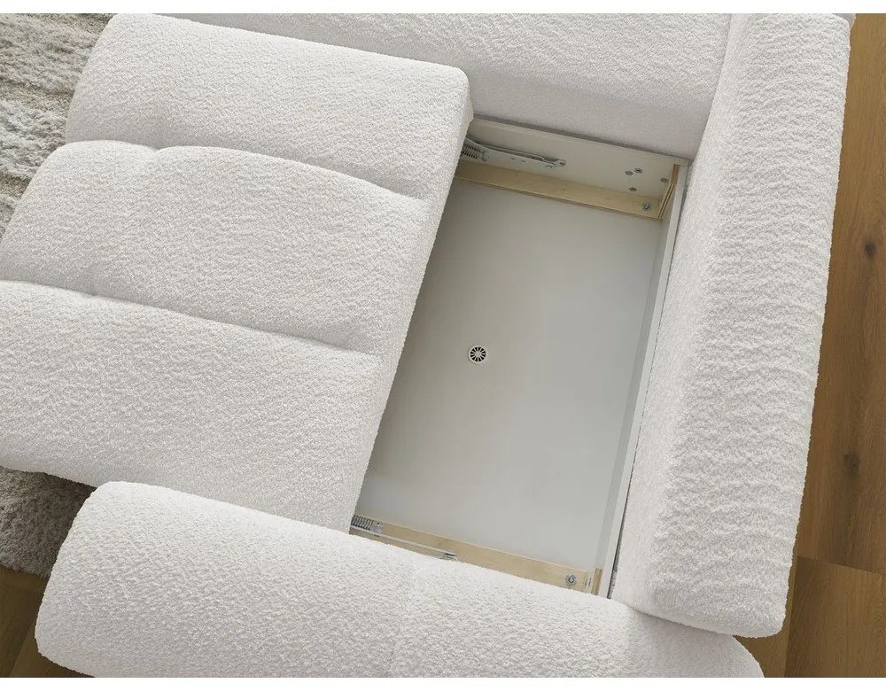 Бял разтегателен ъглов диван с място за съхранение от букле (ляв ъгъл) Roxelane – Bobochic Paris