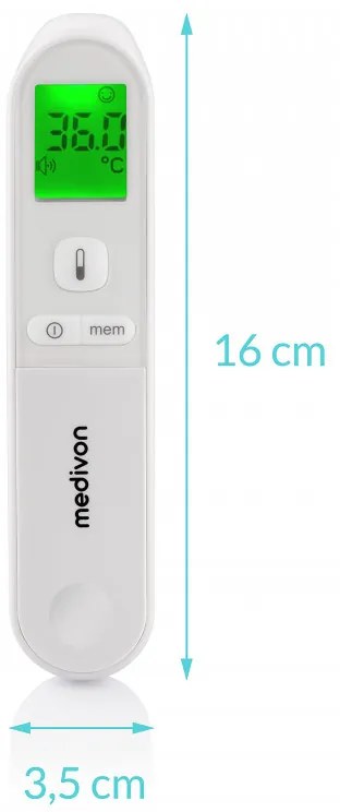 Безконтактен термометър Medivon Timi Smart Verona, Инфрачервен, За деца, Измерване за 1 секунда, Памет, Цветова индикация, LCD, Звук, Лазер, Бял