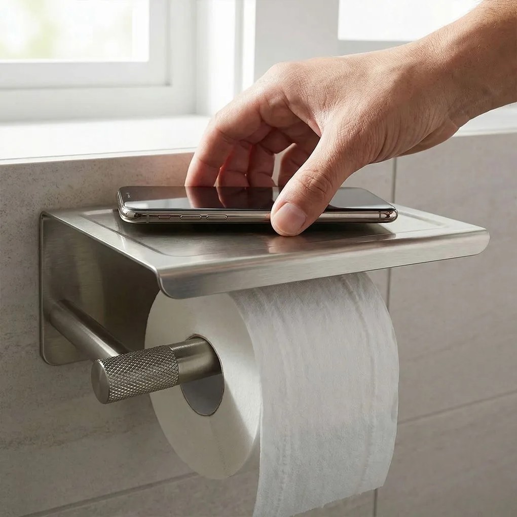 Държач за тоалетна хартия с етажерка 6613 Modern Nickel Brush