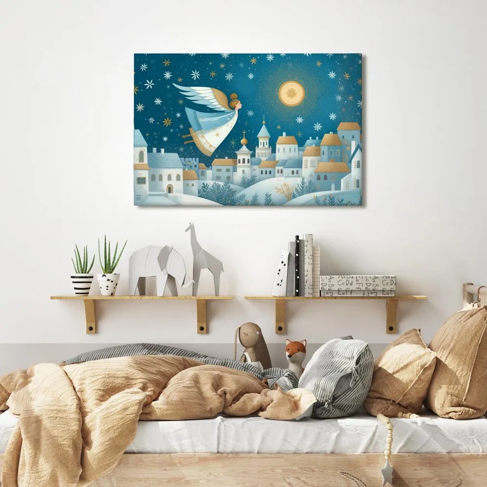 Картина на платно Коледна – Ангел над зимното село