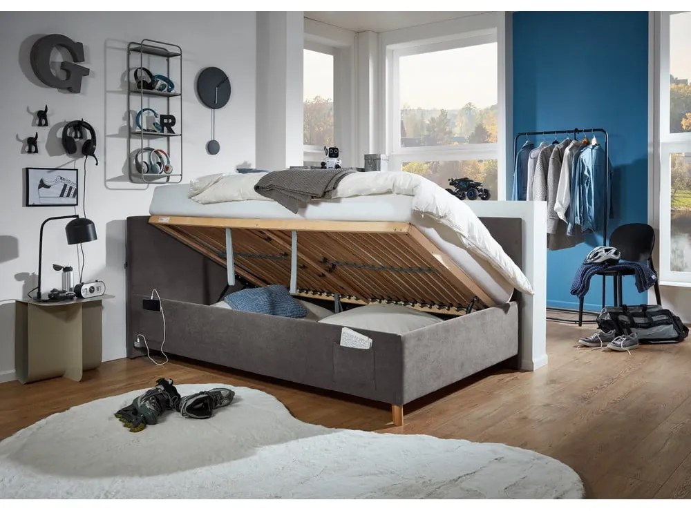 Антрацитно тапицирано ъглово детско легло 140x200 cm с място за съхранение с включена подматрачна рамка Cool – Meise Möbel