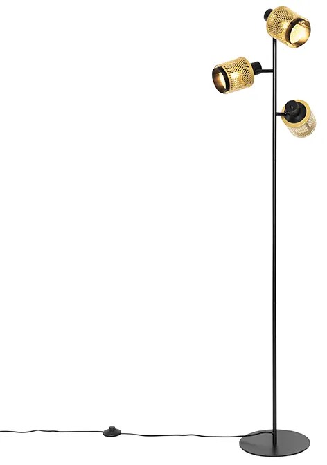 Индустриална подова лампа черна със злато 3-светлина - Kayden