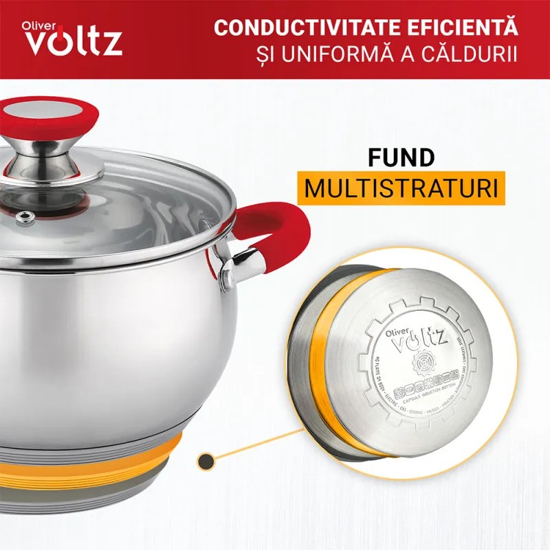 Тенджера Oliver Voltz OV51210N24, 24 см, 6 л, Индукция, Силиконови дръжки, Инокс/червен