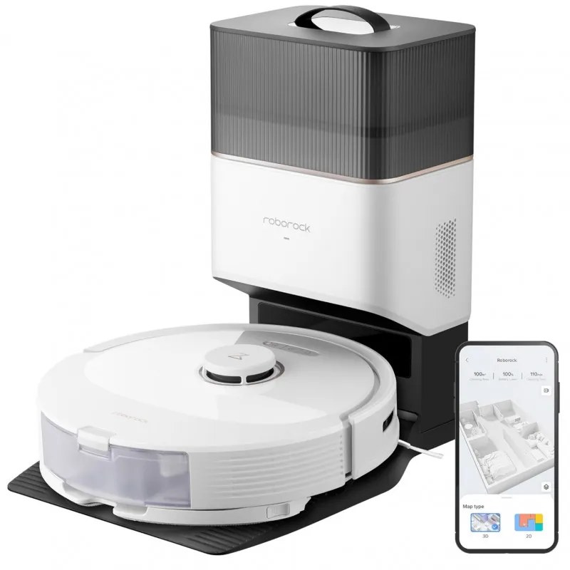 Прахосмукачка робот Roborock Q8 max+ Q8MP02-00, 59W, Wi-Fi, Гласово управление, 5500 Pa, Сухо и мокро почистване, Автономия до 240 мин, Бял/черен
