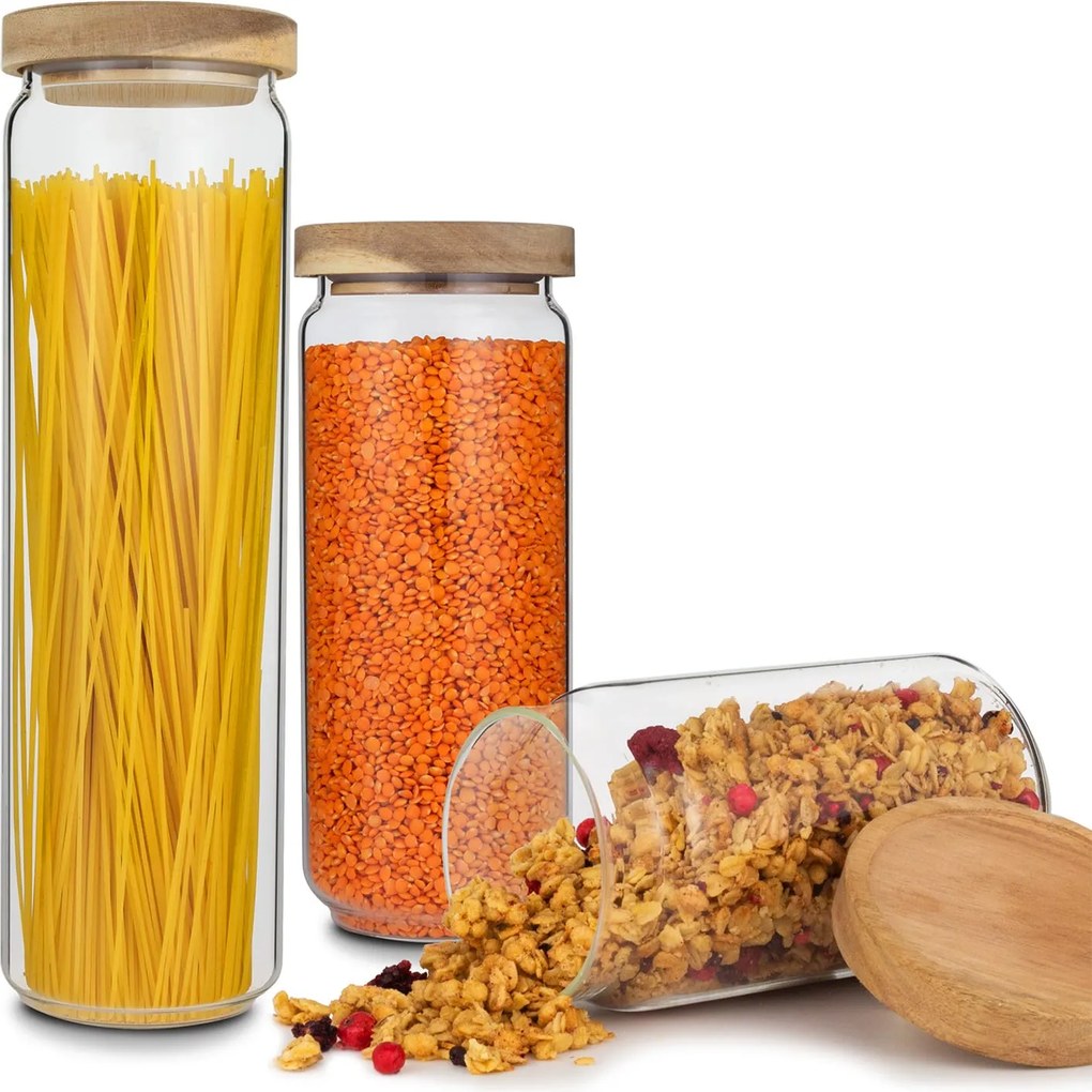 Klarstein Glaswerk Lovage комплект буркани за съхранение 0,75 1,1 1,5 л боросиликатно стъкло, капаци от акациева дървесина, силикон 3 бр.