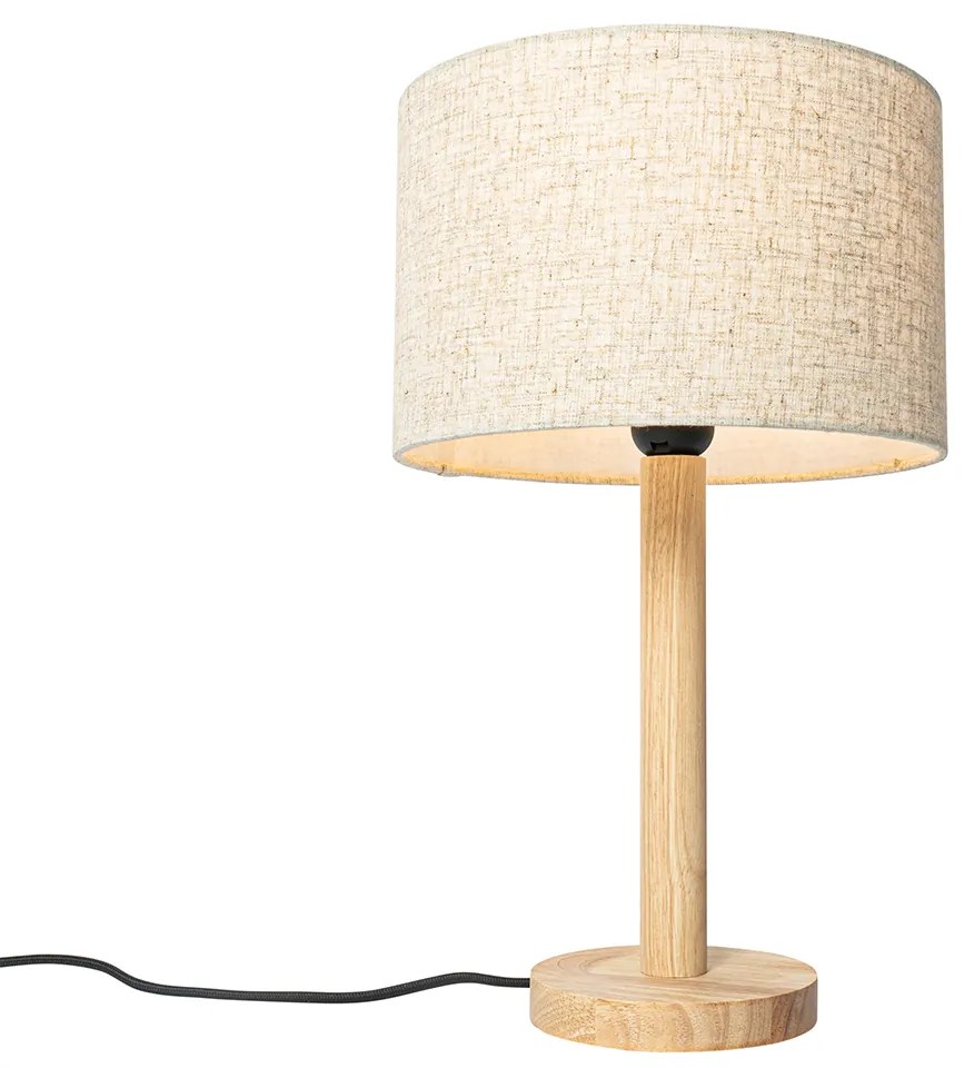 Ръстична настолна лампа дърво с ленена абажур бежова 25 см - Mels