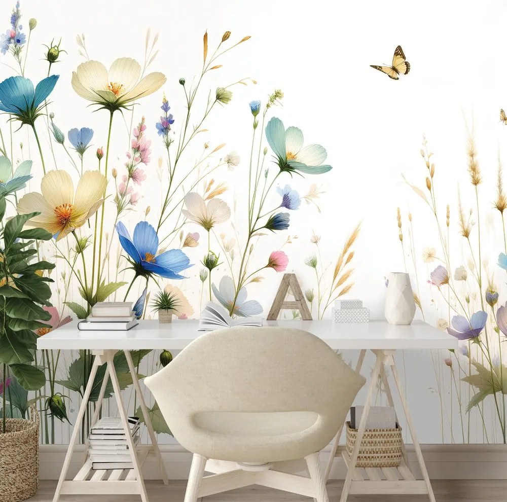 Самозалепващ тапет – Пастелни цветя и летящи пеперуди