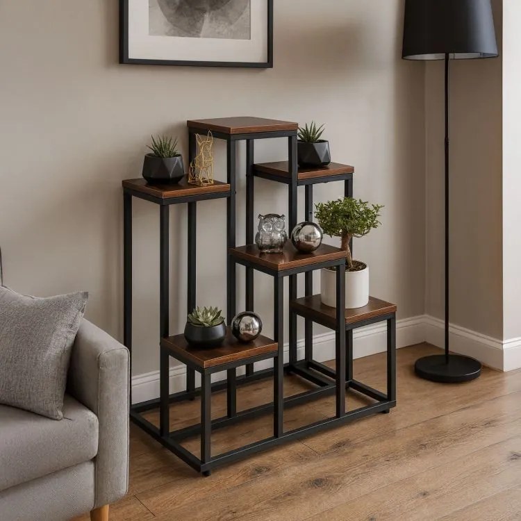 Стойка за цветя в мансардата - 6 рафта, черна стомана и дървен декор