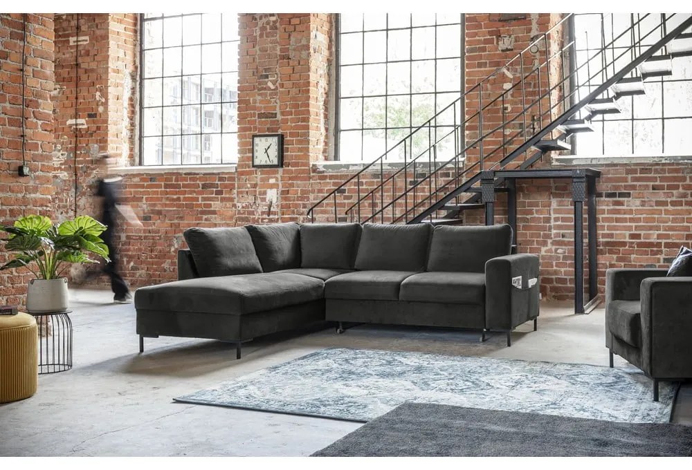 Тъмносив кадифен разтегателен ъглов диван (ляв ъгъл) Lofty Lilly – Miuform