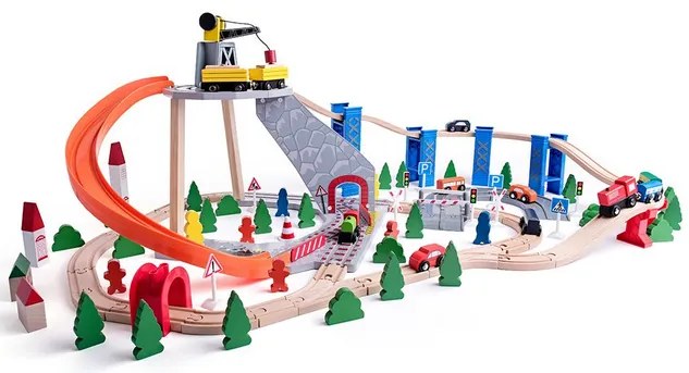 Woody - Дървен влак с релси, с пързалка и кран, 130 части