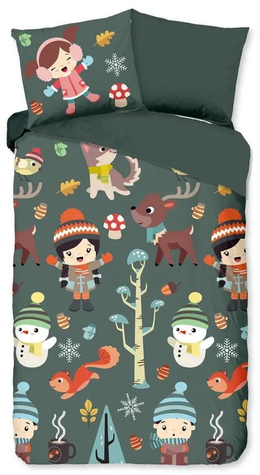 Тъмнозелено единично удължено памучно детско спално бельо 140x220 cm Fun – Good Morning