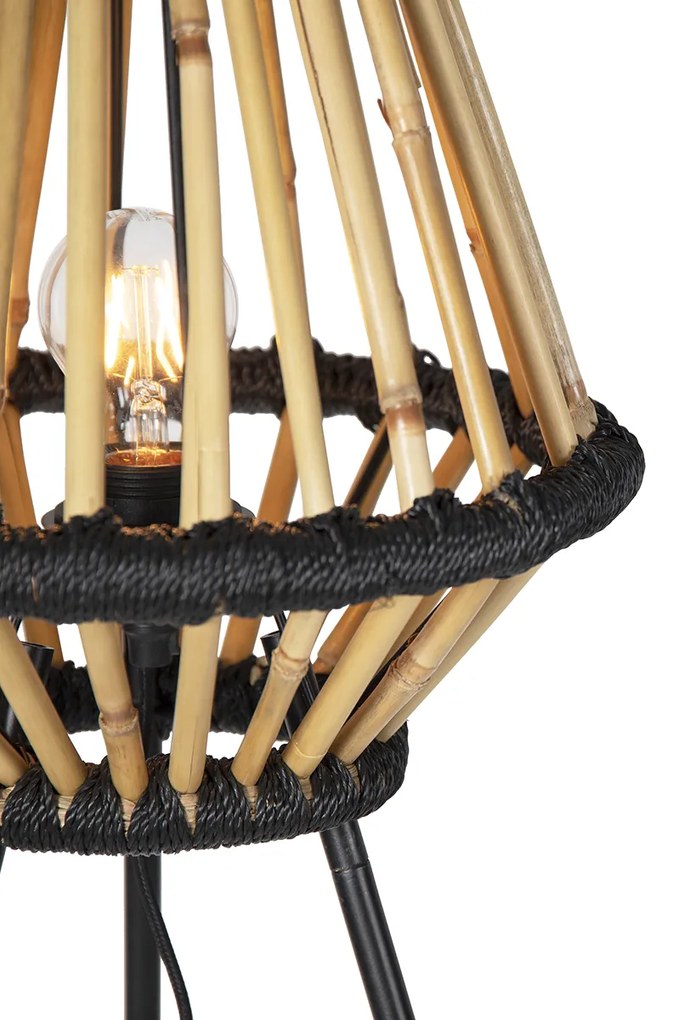 Ориенталска подова лампа на триножник бамбук с черен цвят - Evalin