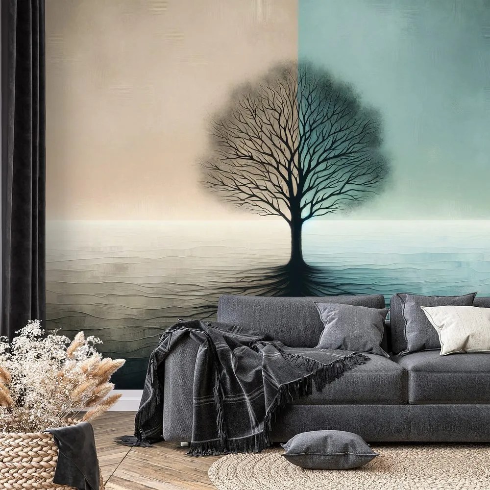 Тапет – Дървото на живота в синьо-бежов контраст