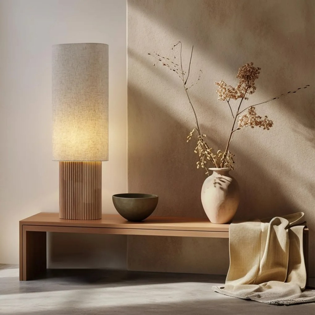 Japandi подова лампа дърво с ленен абажур 90 см - Lamel