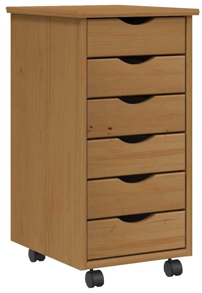 355888 vidaXL Шкаф с чекмеджета на колелца MOSS, меденокафяв, бор масив