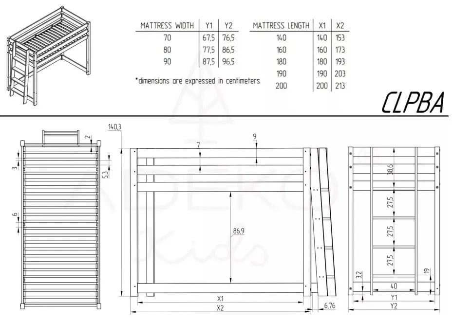 Повдигнато детско легло от борова дървесина 90x200 cm CLPBA - Adeko