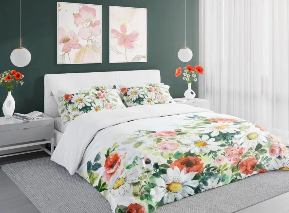 Чаршафи от памучен сатен - маргаритки и рози на бял фон 2 части: 1 бр. 140x200 + 1 бр. 70x80