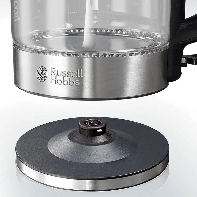 Стъклена електрическа кана с филтър Russell Hobbs Clarity 20760-57, 2200W, 1L, Осветена, Скрит нагревател, SCHOTT DURAN, Филтър BRITA, Инокс