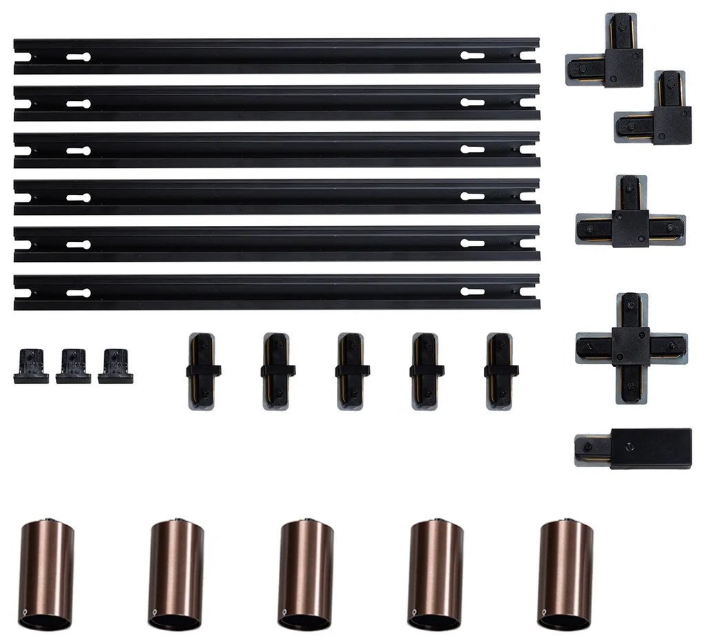 Модерна релсова система за осветление с 5 тъмно бронзови прожектора 1-фазов GU10 50mm - Iconic Ruby