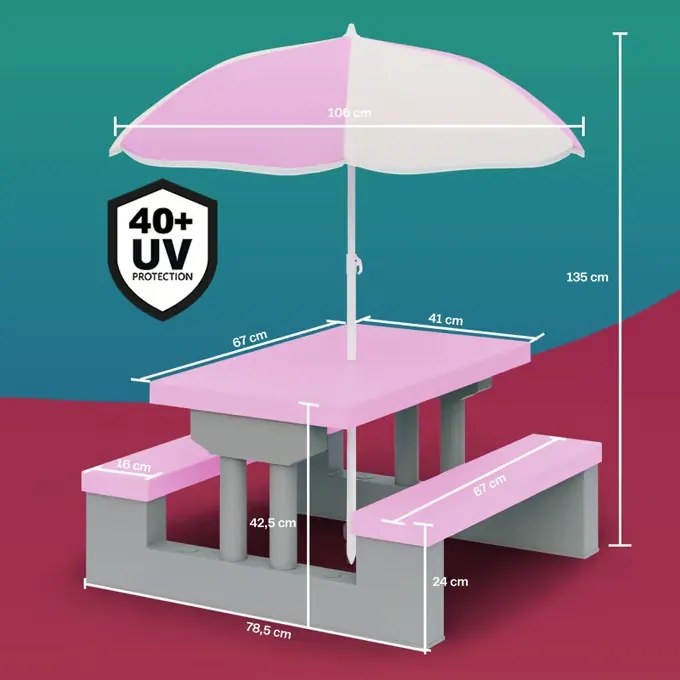 Детски розов комплект за пикник със слънчев чадър