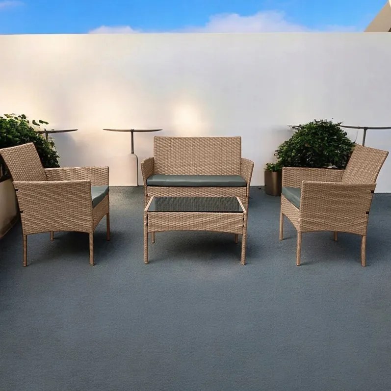 Елегантен ратанов градински комплект с маса с черно стъкло