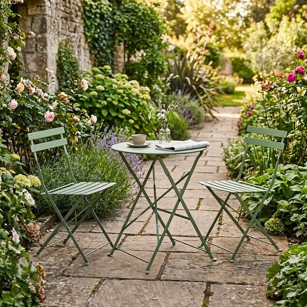 Светлозелен стоманен градински комплект за хранене за 2 Austin – Bizzotto