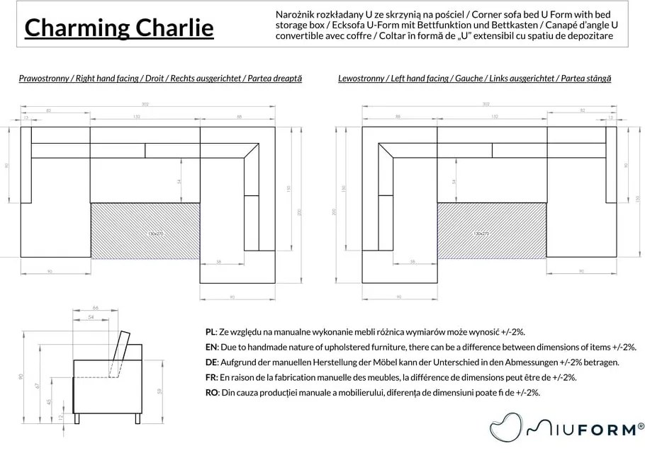 Тъмносив разтегателен ъглов диван (ляв ъгъл/"U" форма) Charming Charlie – Miuform