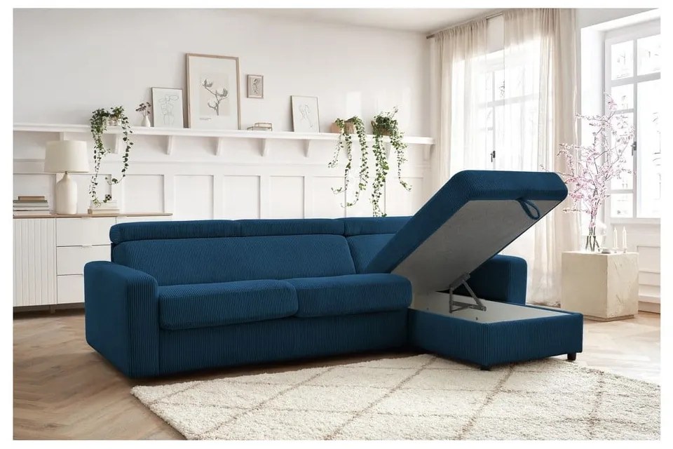 Тъмносин разтегателен ъглов диван от рипсено кадифе (променлив) Monaco – Bobochic Paris
