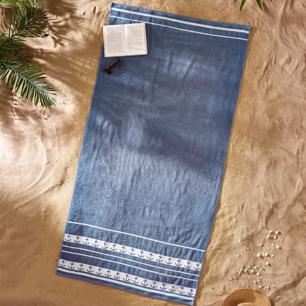 Синя памучна плажна кърпа 90x180 cm Anchors – Catherine Lansfield