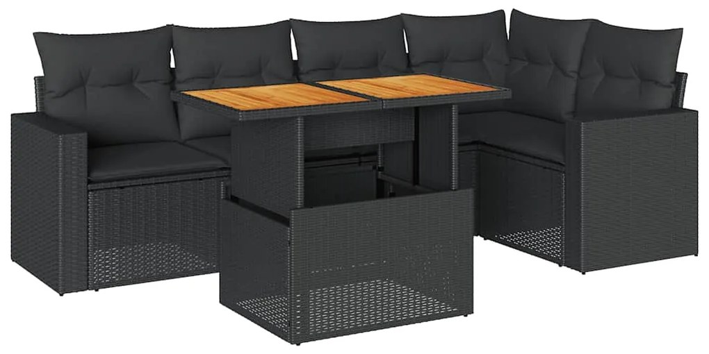3327037 vidaXL Градински диван с възглавници, 6 части, черен, полиратан