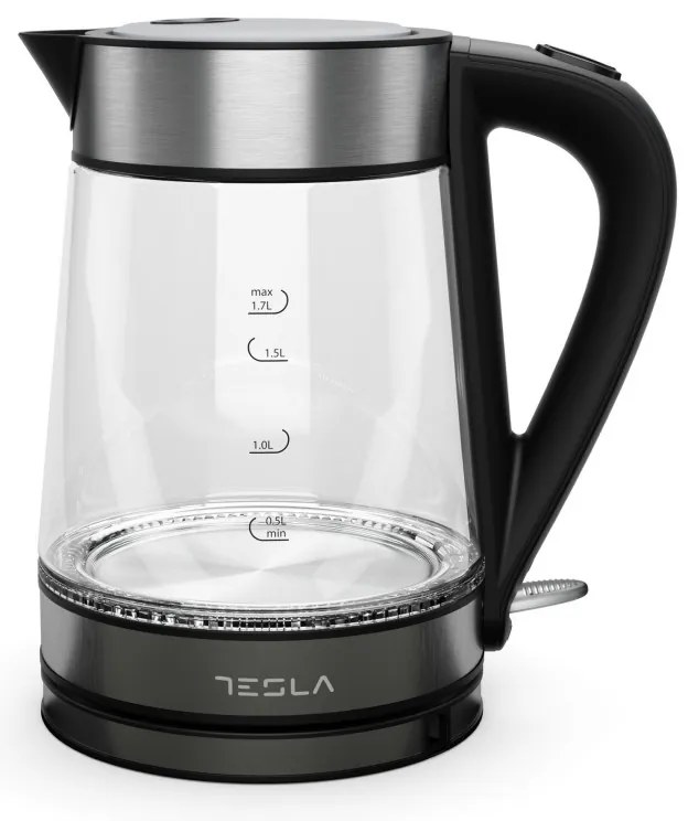 Електрическа кана Tesla KT300X, Стъклена, 2200W, 1.7 L, Скрит нагревател, STRIX Технология, Черен
