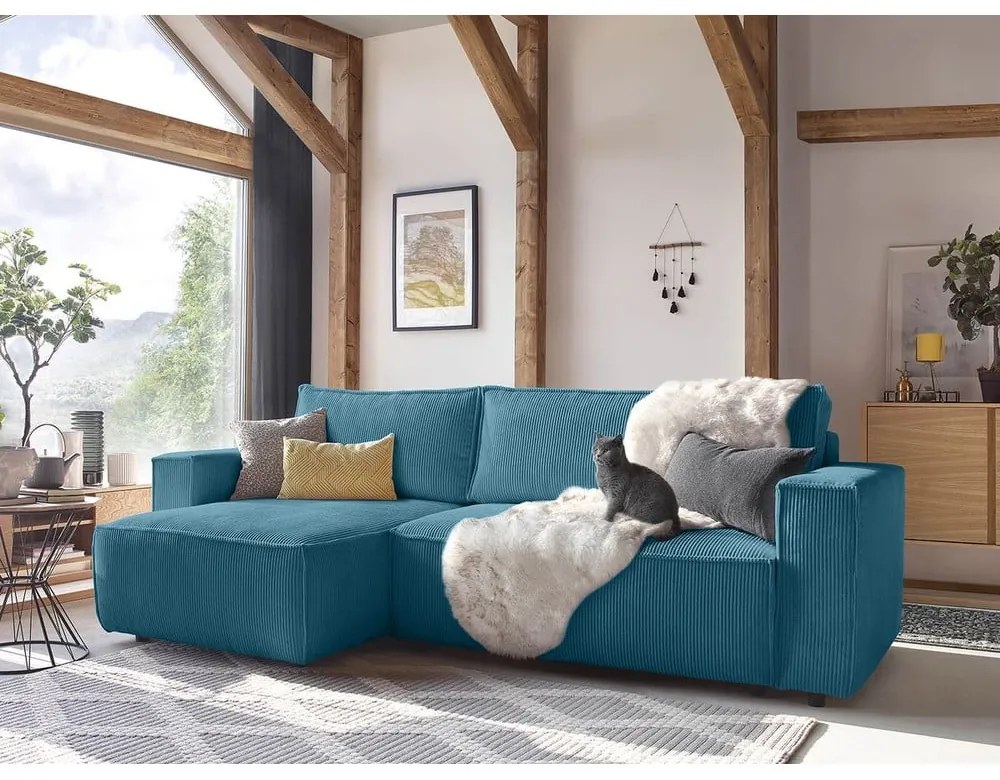 Тюркоаз сгъваем ъглов диван от рипсено кадифе Nihad – Bobochic Paris