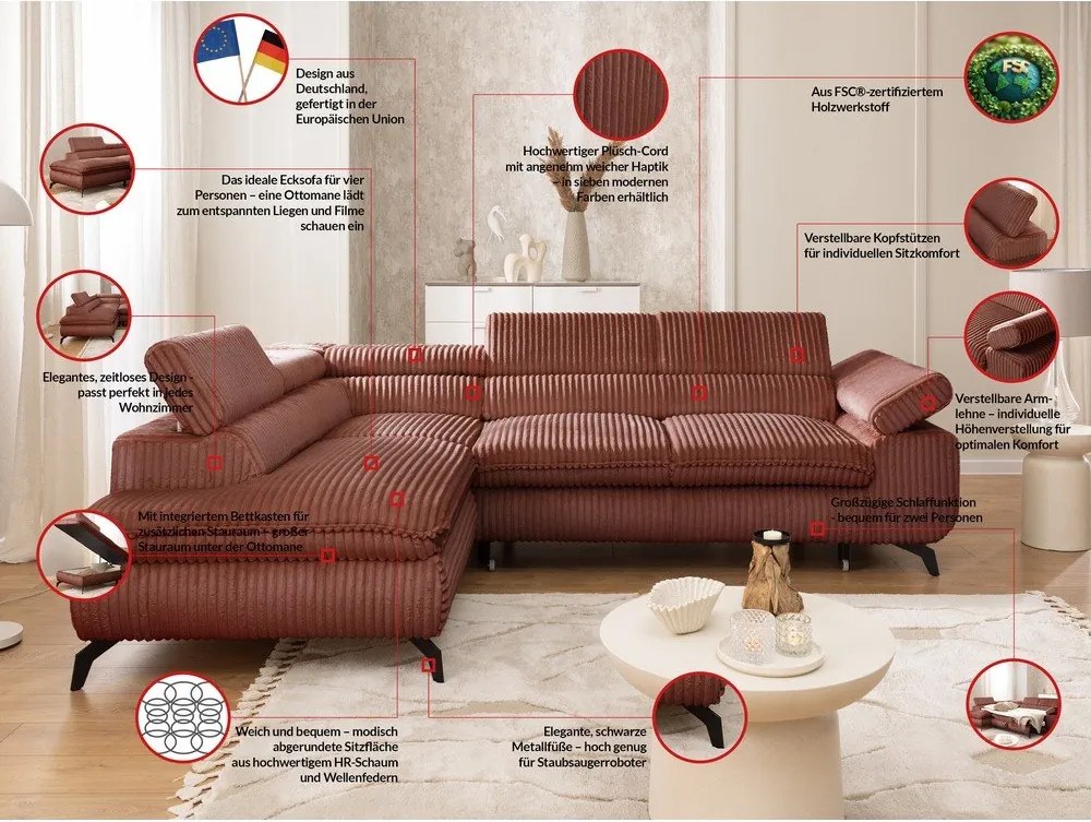 Теракотен ъглов диван от рипсено кадифе (ляв ъгъл L форма) Marbeya – Ropez