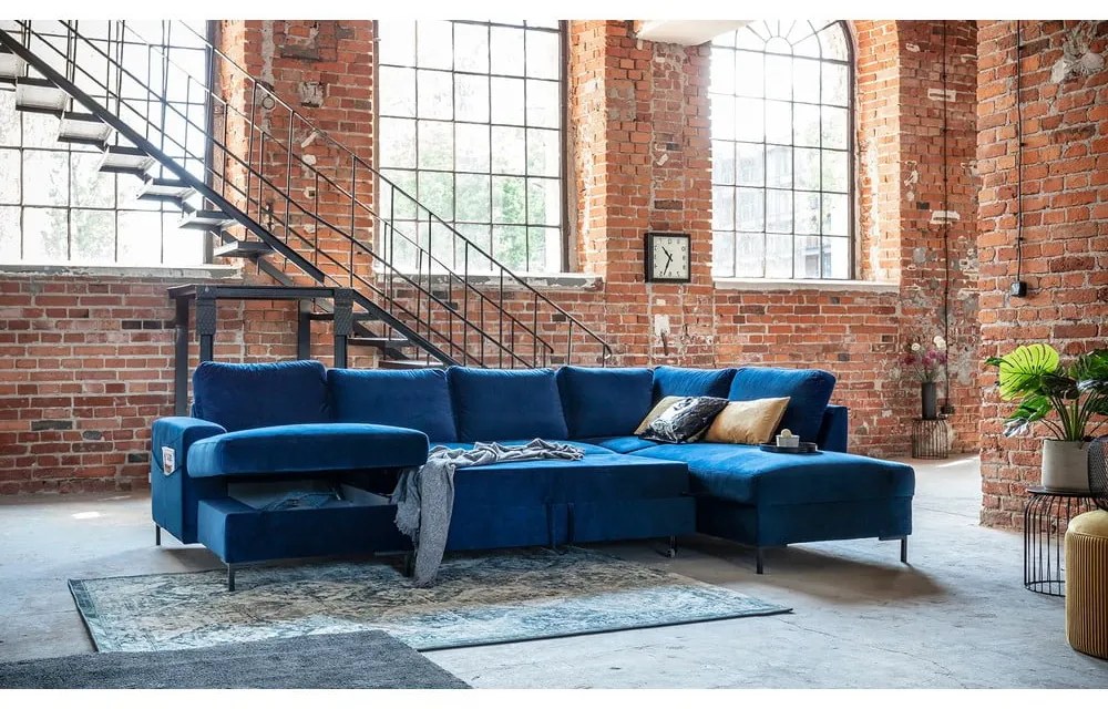 Морскосиньо кадифе, U-образен разтегателен диван, десен ъгъл Lofty Lilly - Miuform