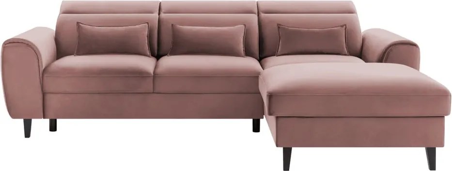 Розов кадифен разтегателен ъглов диван с място за съхранение (десен ъгъл) Foble – ELTAP