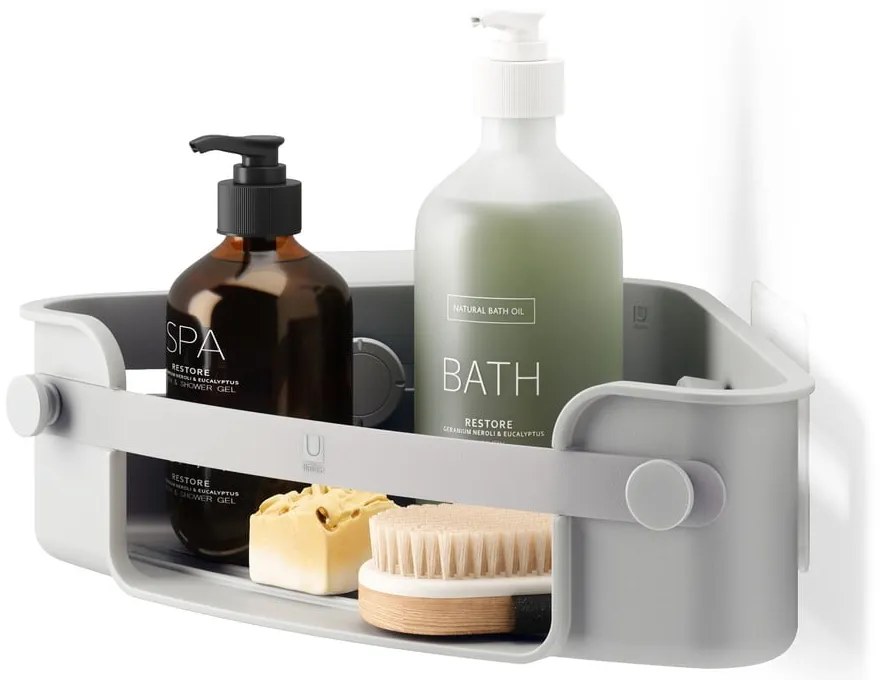 Сив ъглов самоносещ рафт за баня, изработен от рециклирана пластмаса Flex Adhesive - Umbra