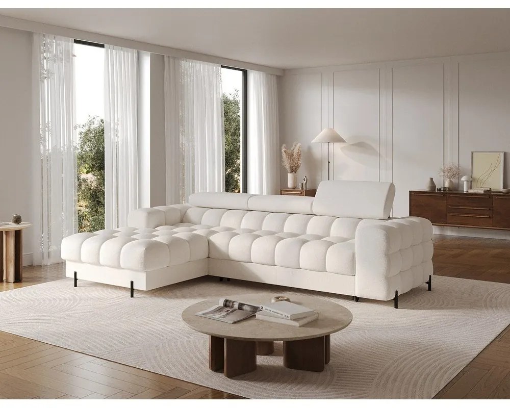 Кремав сгъваем/с място за съхранение ъглов диван от прежда с примки от букле (ляв ъгъл) Felro – ELTAP