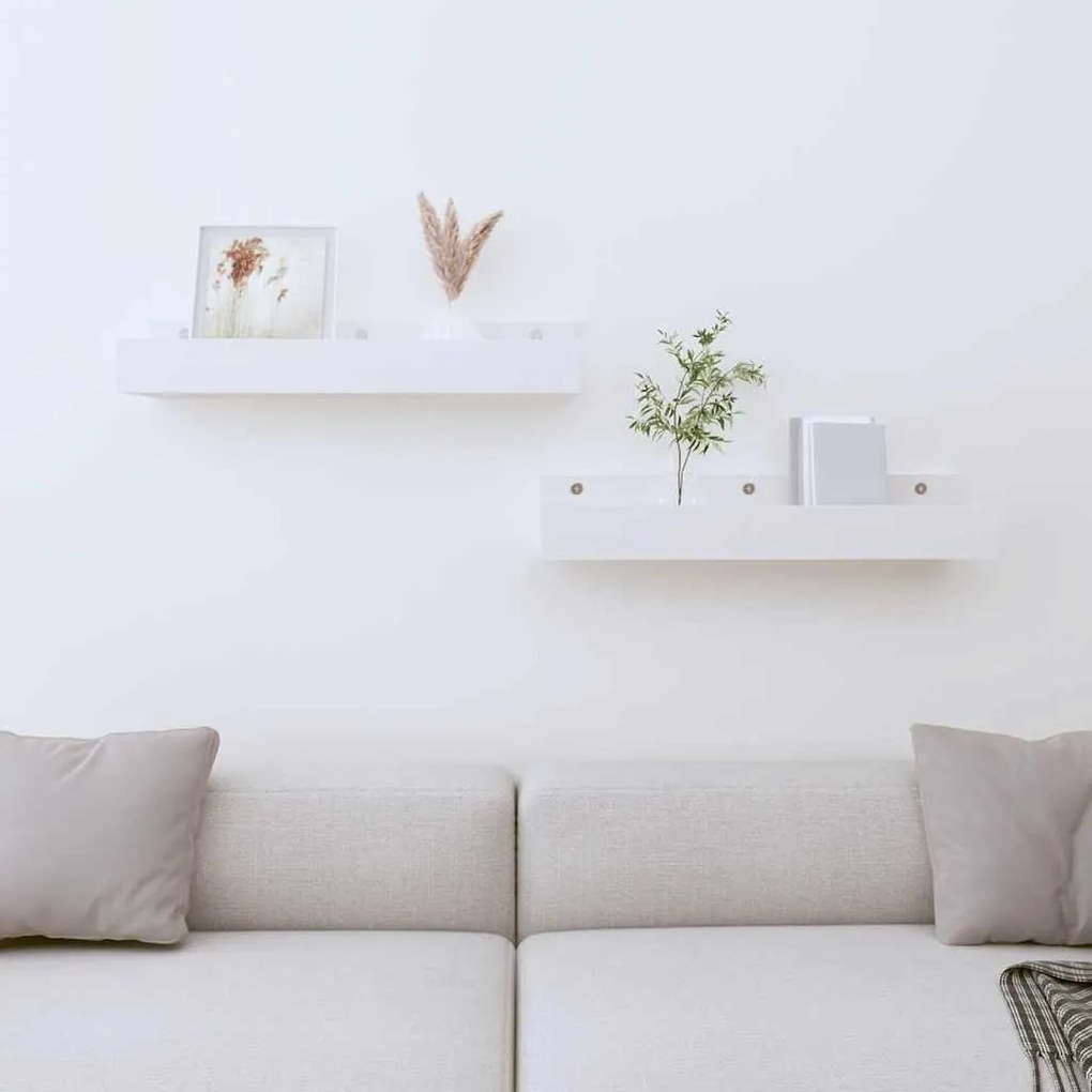 823585 vidaXL Стенни рафтове 2 бр бели 50x12x9 см масивно борово дърво