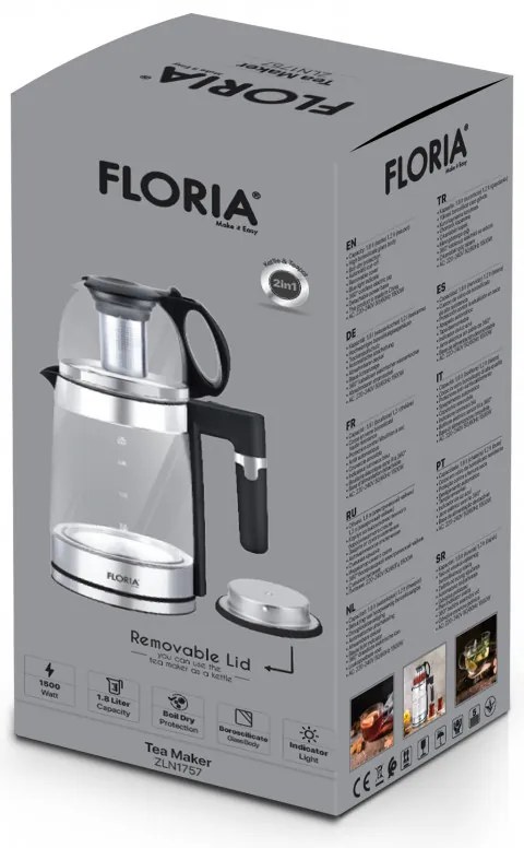Електрическа кана за турски чай Floria ZLN1757, 1500W, 1.8+1.2 л, Инфузер, Боросиликатно стъкло, Черен