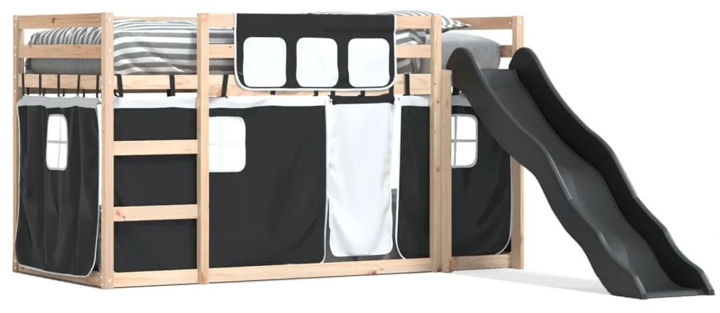 3284125 vidaXL Двуетажно легло с пързалка и завеси, бяло и черно, 90x190 см