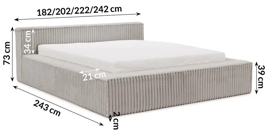 Сиво двойно легло 180x200 cm тапицирано с място за съхранение с включена подматрачна рамка Cloe – Ropez