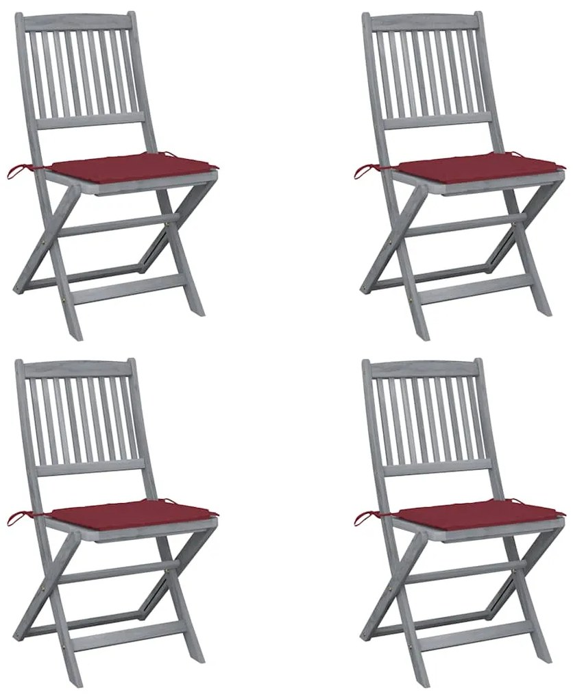 3064572 vidaXL Сгъваеми градински столове, 4 бр, с възглавници, акация масив