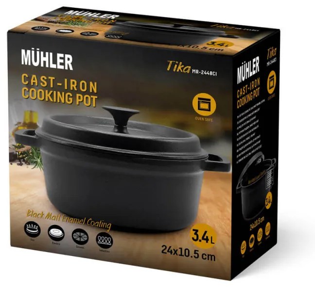 Чугунена тенджера Muhler Tika MR-2448CI, 24x10.5 см, 3.4 л, Индукция, Черен