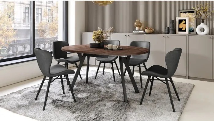 АЛМО Дъб Кафяв/черни крака - КРЪГЛА РАЗТЕГАТЕЛНА МАСА С Y-ОБРАЗНИ КРАКА В ЛОФТ/ИНДУСТРИАЛЕН СТИЛ ЗА ХОЛ ИЛИ ТРАПЕЗАРИЯ