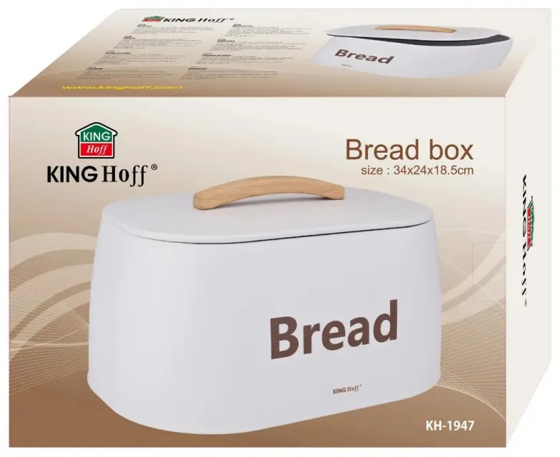Кутия за хляб Kinghoff KH 1947, 35 см, Метално тяло, Дървена дръжка, Бял