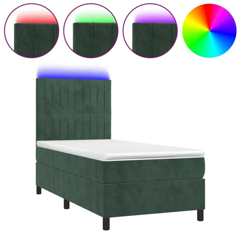 3136224 vidaXL Боксспринг легло с матрак и LED, тъмнозелено, 90x200 см, кадифе